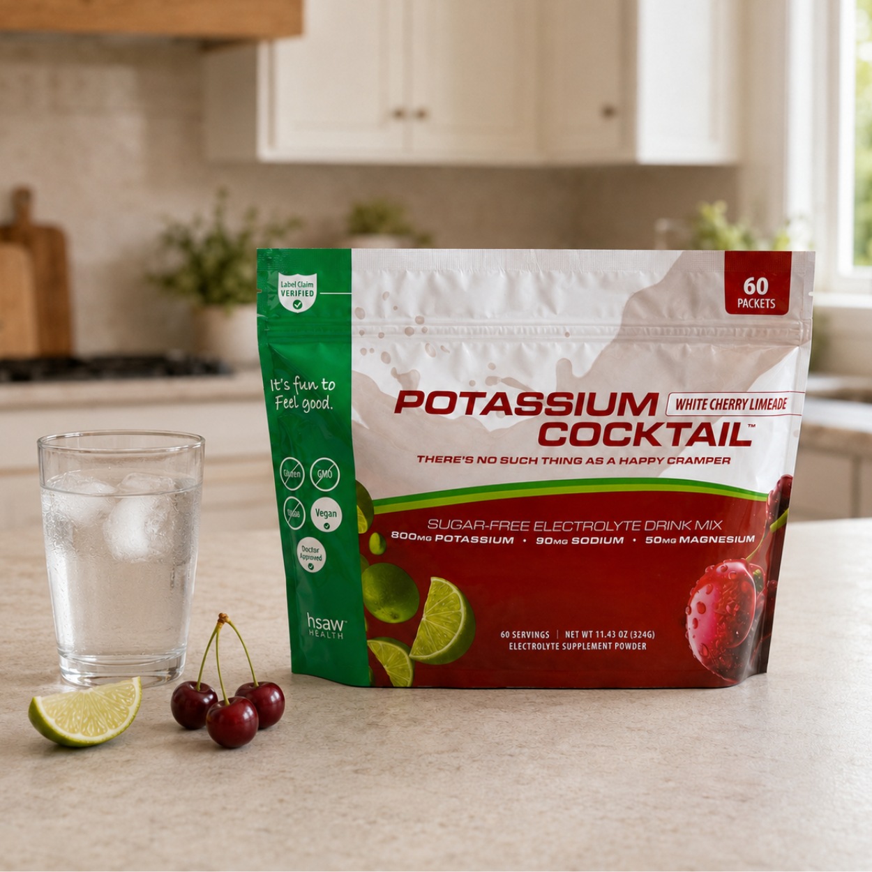 Jigsaw Potassium Cocktail White Cherry Limeade – elektrolytová směs v jednotlivých sáčcích.